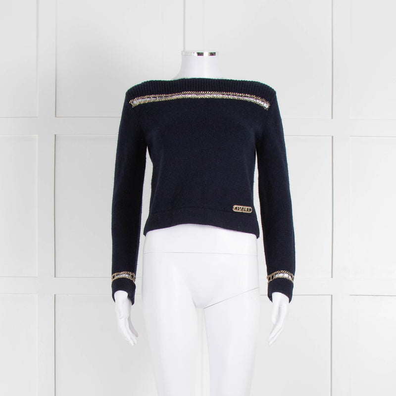 Chanel Navy Cashmere Gold Chain Detail Sweater