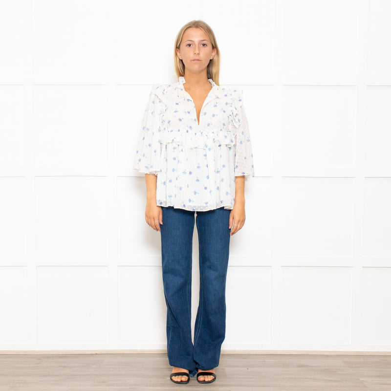 Stella Nova White Frilled Blouse with Blue Flowers
