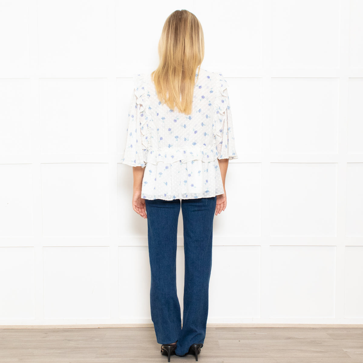Stella Nova White Frilled Blouse with Blue Flowers