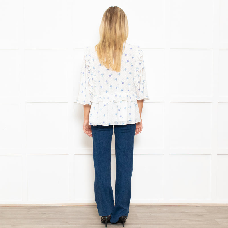 Stella Nova White Frilled Blouse with Blue Flowers