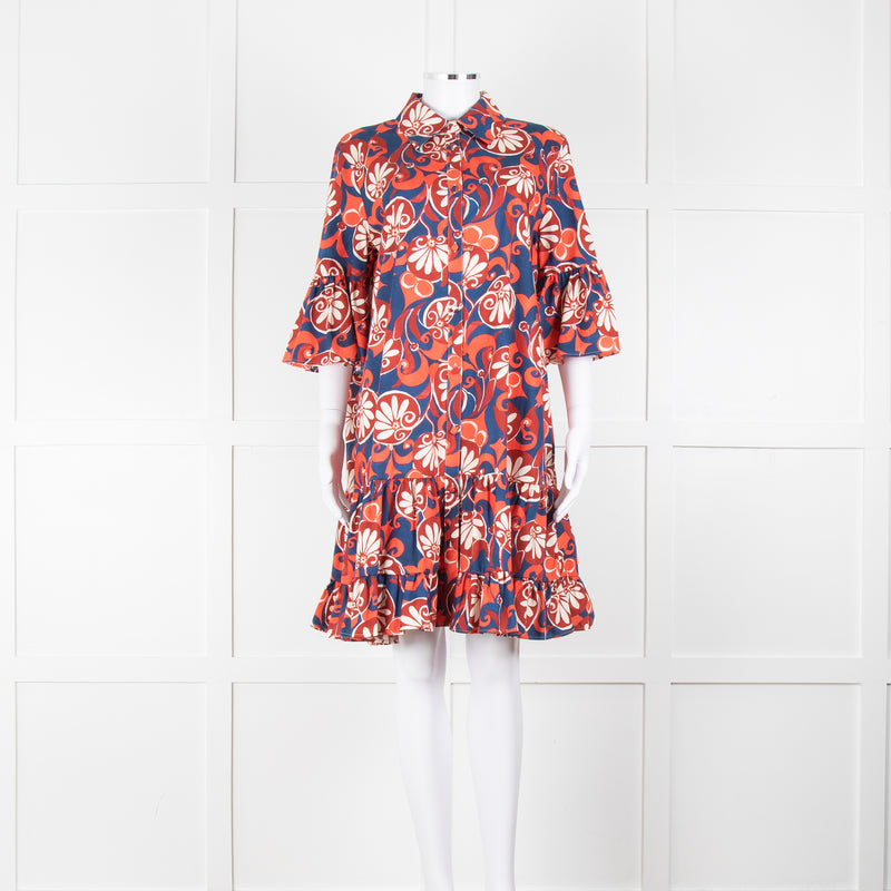 La Double J Navy Red Floral Cotton Frill Trim Tunic Dress