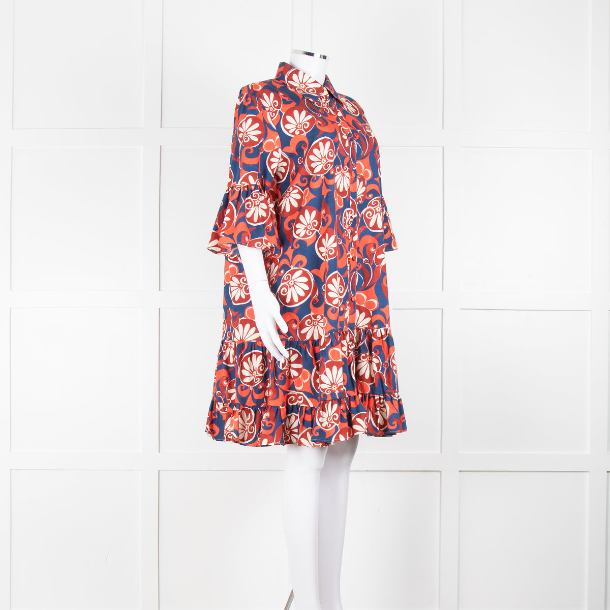 La Double J Navy Red Floral Cotton Frill Trim Tunic Dress