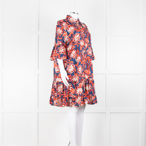 La Double J Navy Red Floral Cotton Frill Trim Tunic Dress
