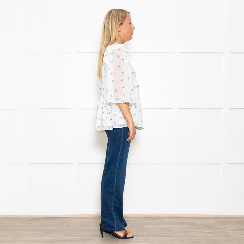 Stella Nova White Frilled Blouse with Blue Flowers