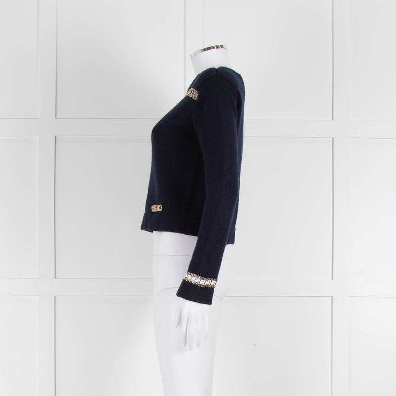 Chanel Navy Cashmere Gold Chain Detail Sweater