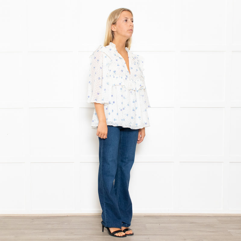 Stella Nova White Frilled Blouse with Blue Flowers