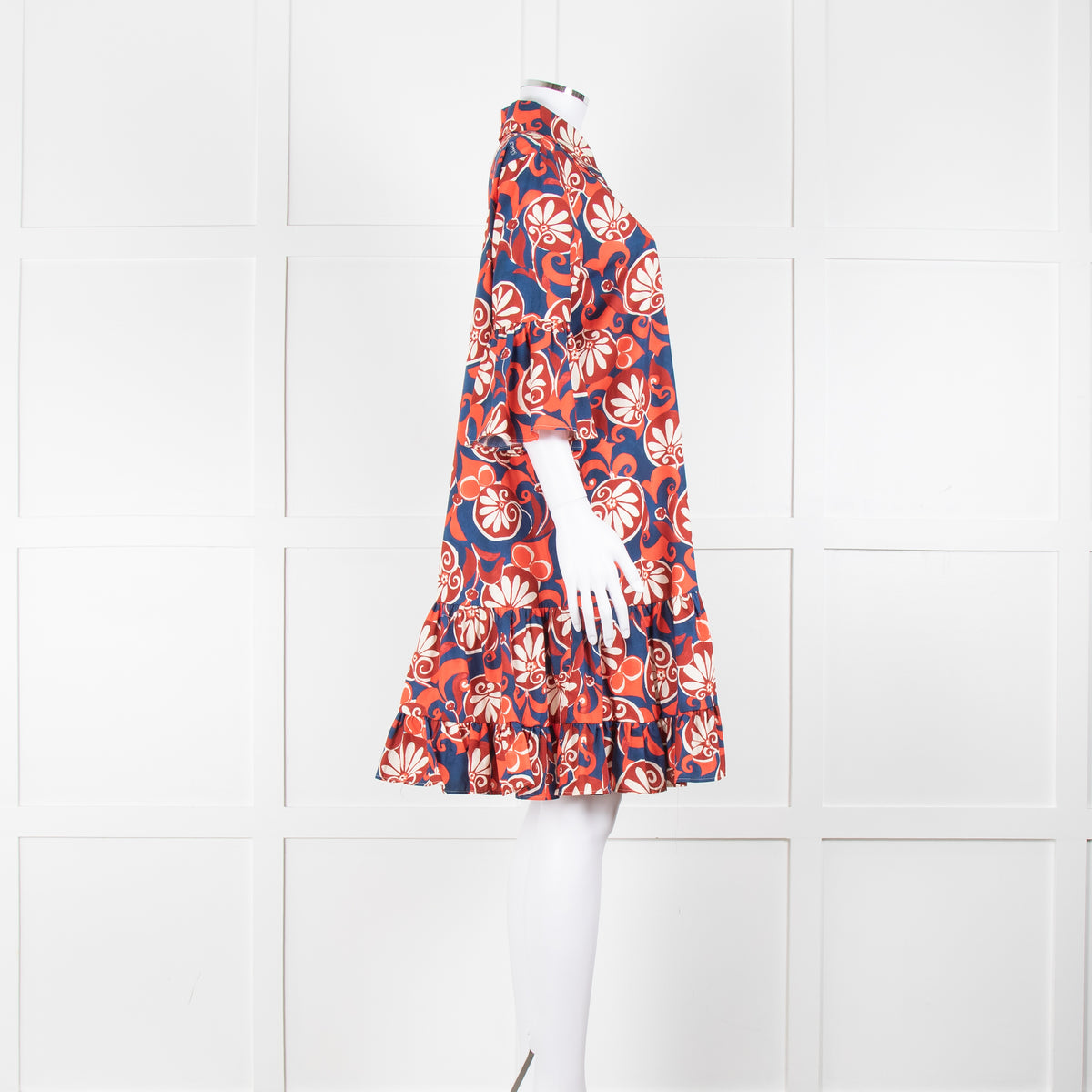 La Double J Navy Red Floral Cotton Frill Trim Tunic Dress