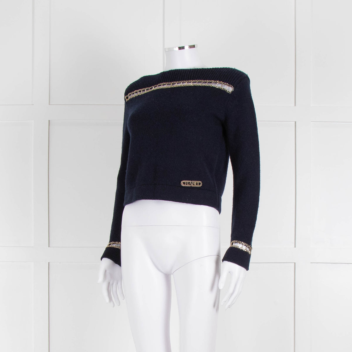 Chanel Navy Cashmere Gold Chain Detail Sweater