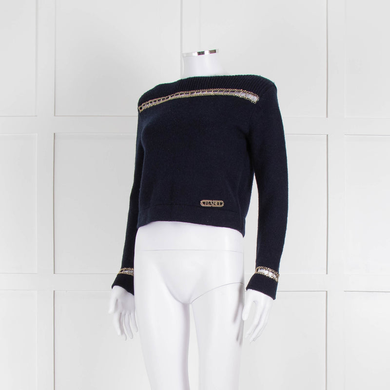 Chanel Navy Cashmere Gold Chain Detail Sweater