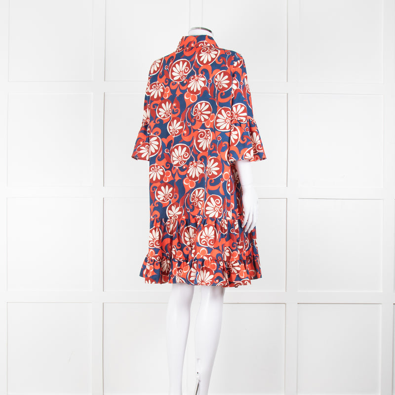 La Double J Navy Red Floral Cotton Frill Trim Tunic Dress