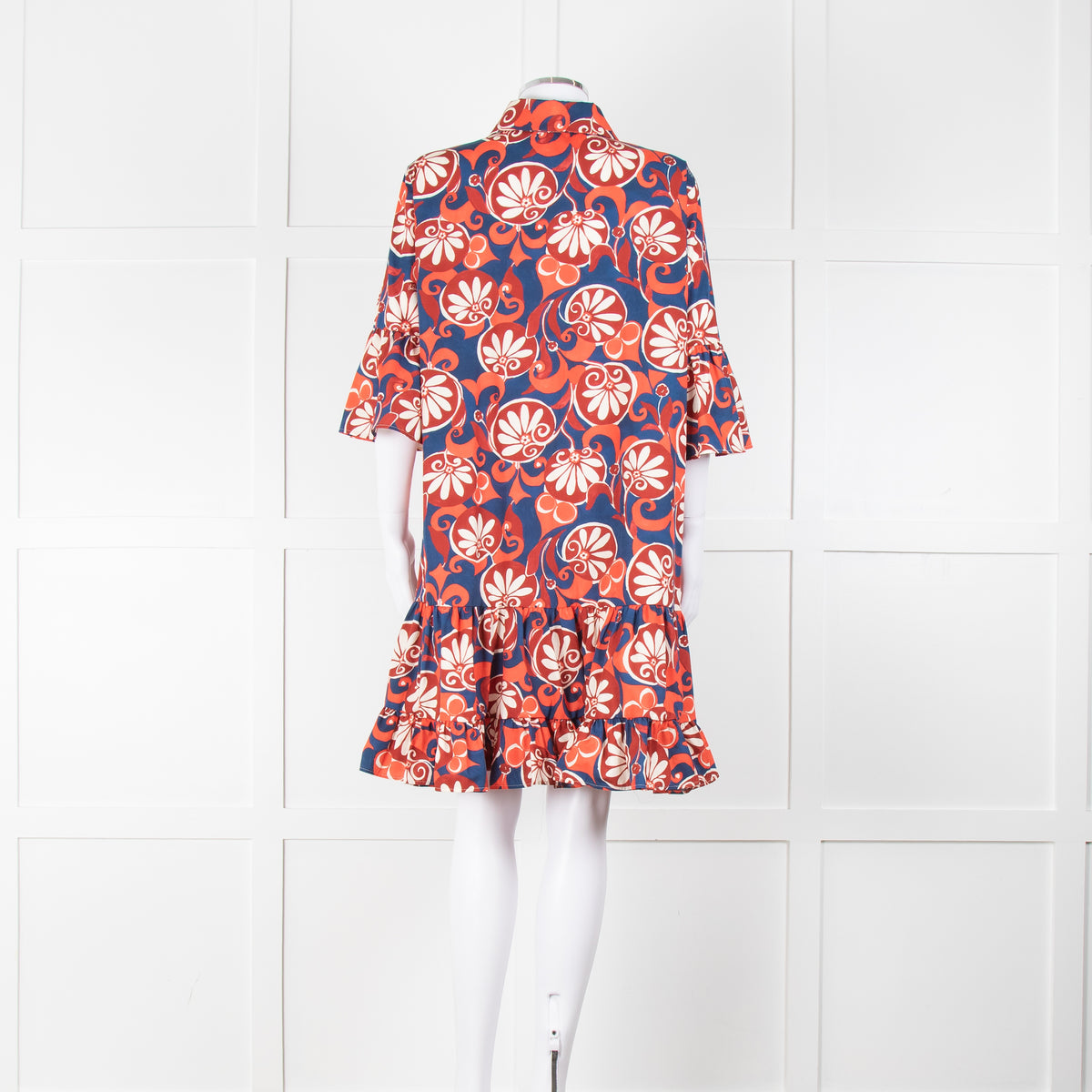 La Double J Navy Red Floral Cotton Frill Trim Tunic Dress