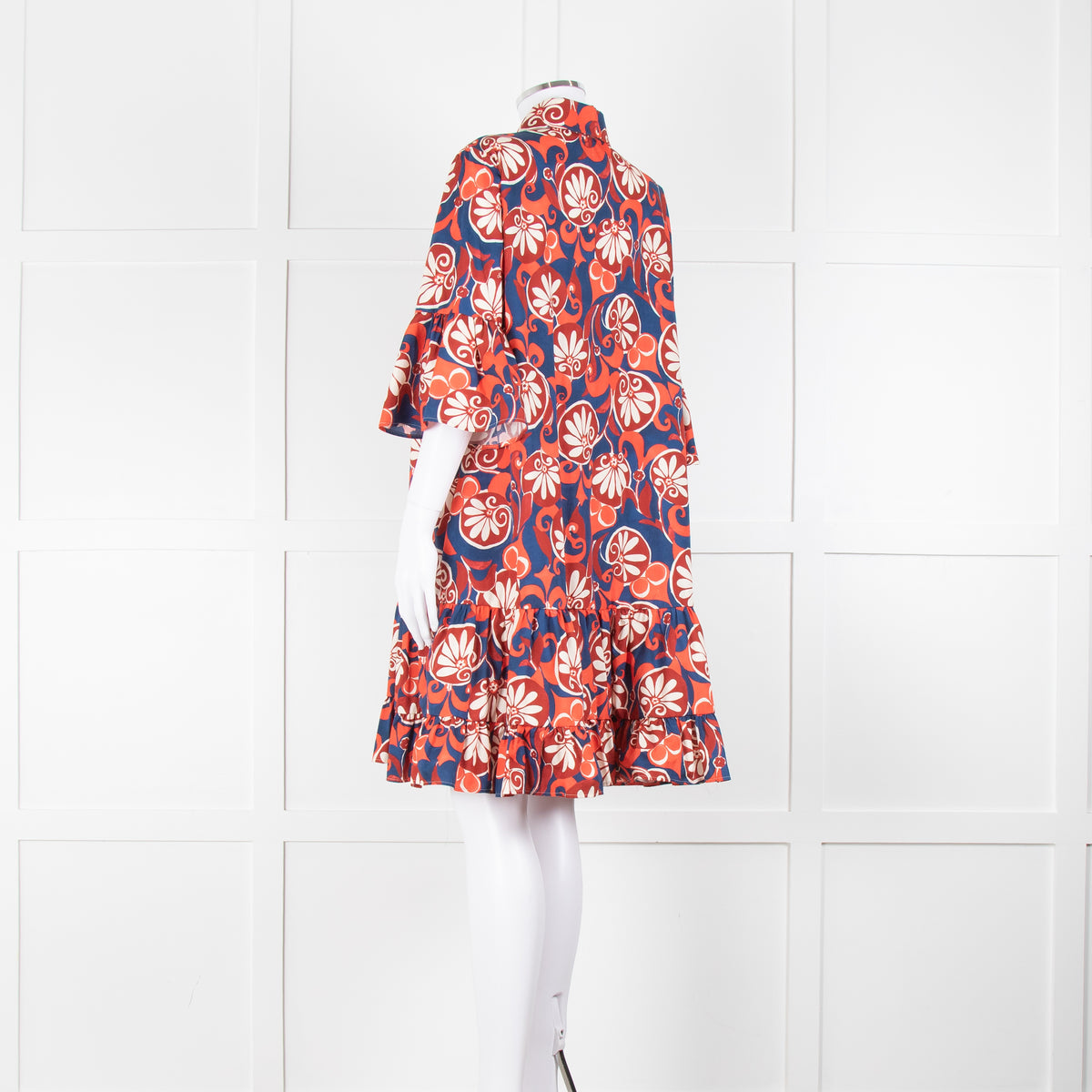 La Double J Navy Red Floral Cotton Frill Trim Tunic Dress
