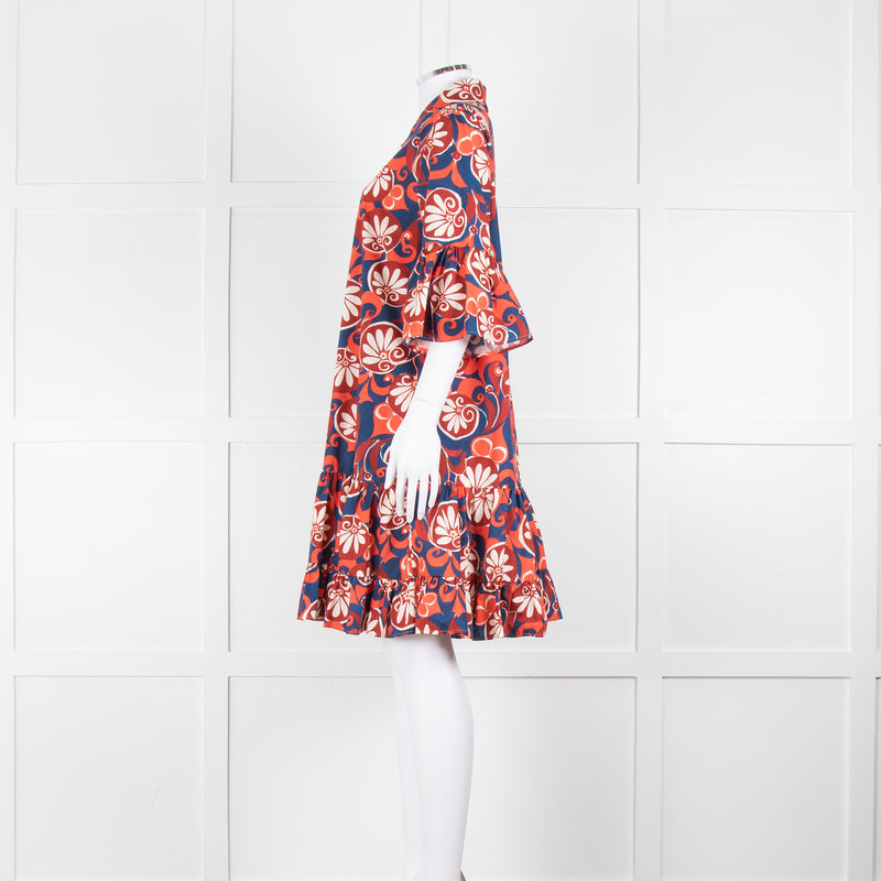 La Double J Navy Red Floral Cotton Frill Trim Tunic Dress