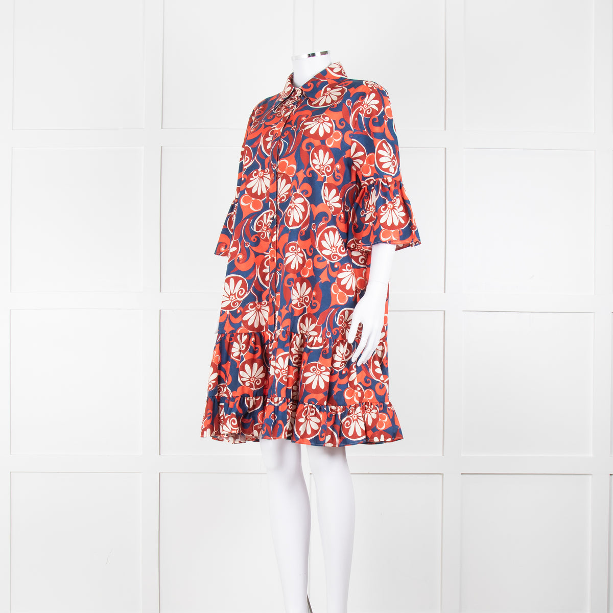 La Double J Navy Red Floral Cotton Frill Trim Tunic Dress