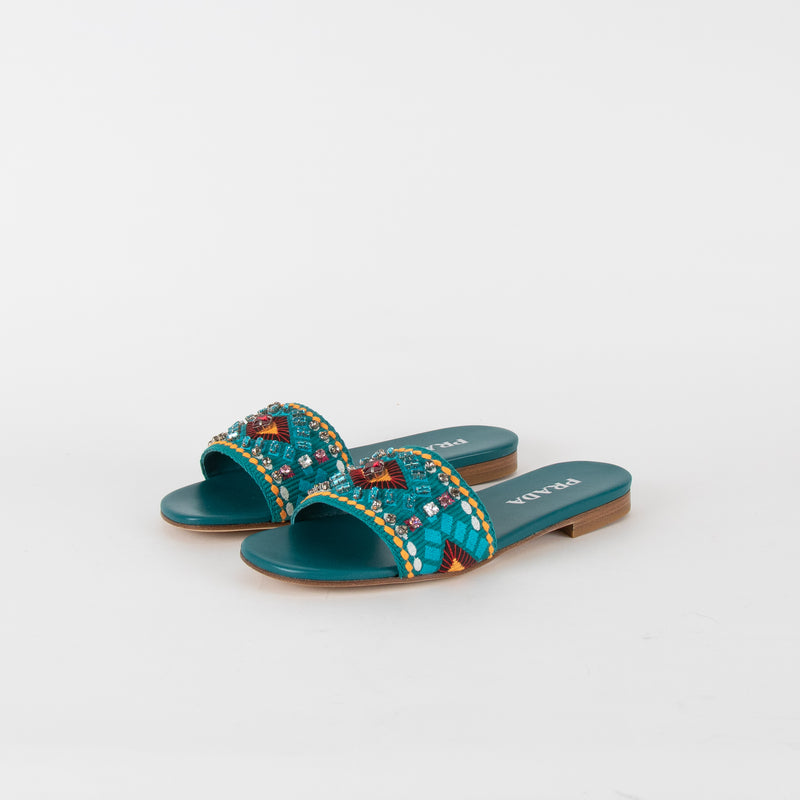 Prada Turquoise Embellished Slides