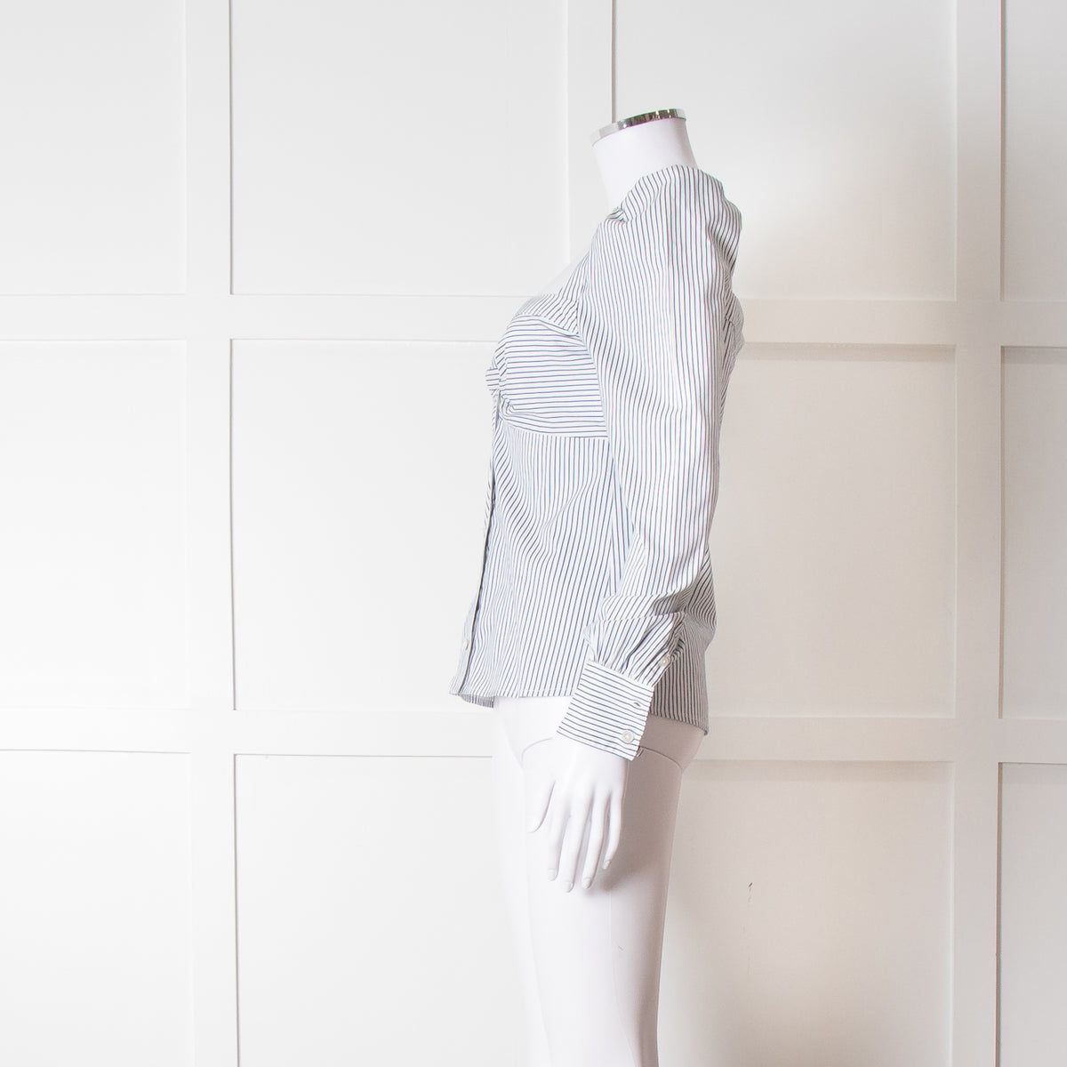 Veronica Beard White Blue Striped Open Neck Line Shirt