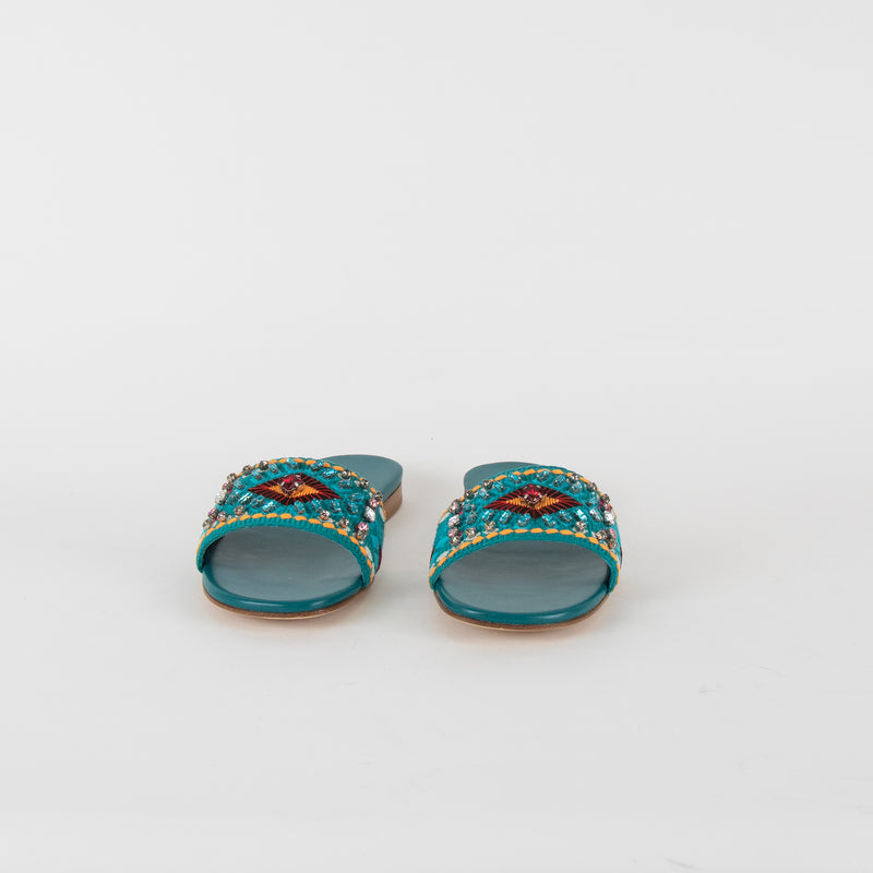 Prada Turquoise Embellished Slides