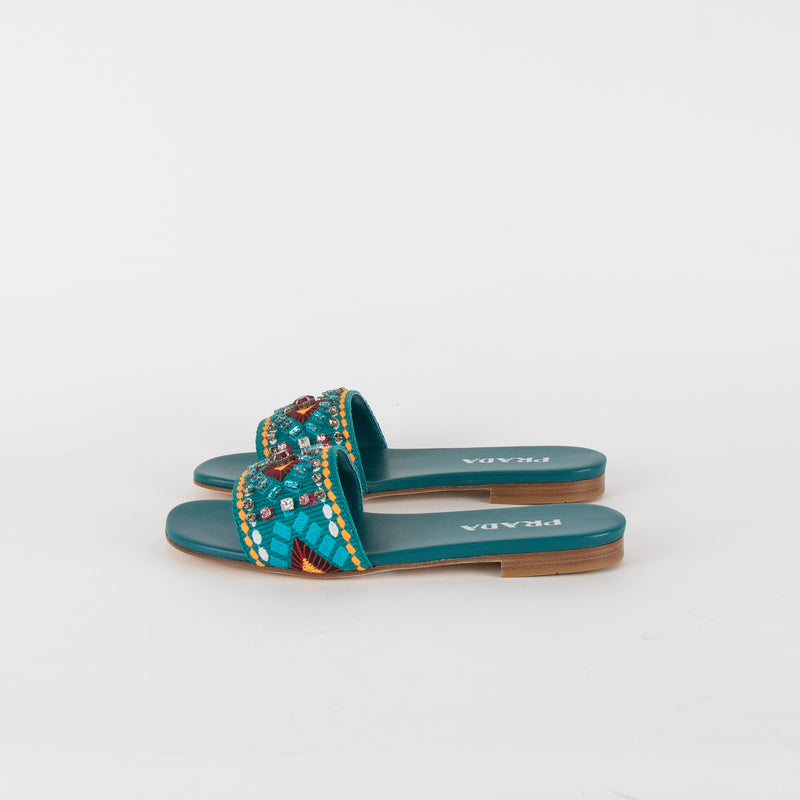 Prada Turquoise Embellished Slides