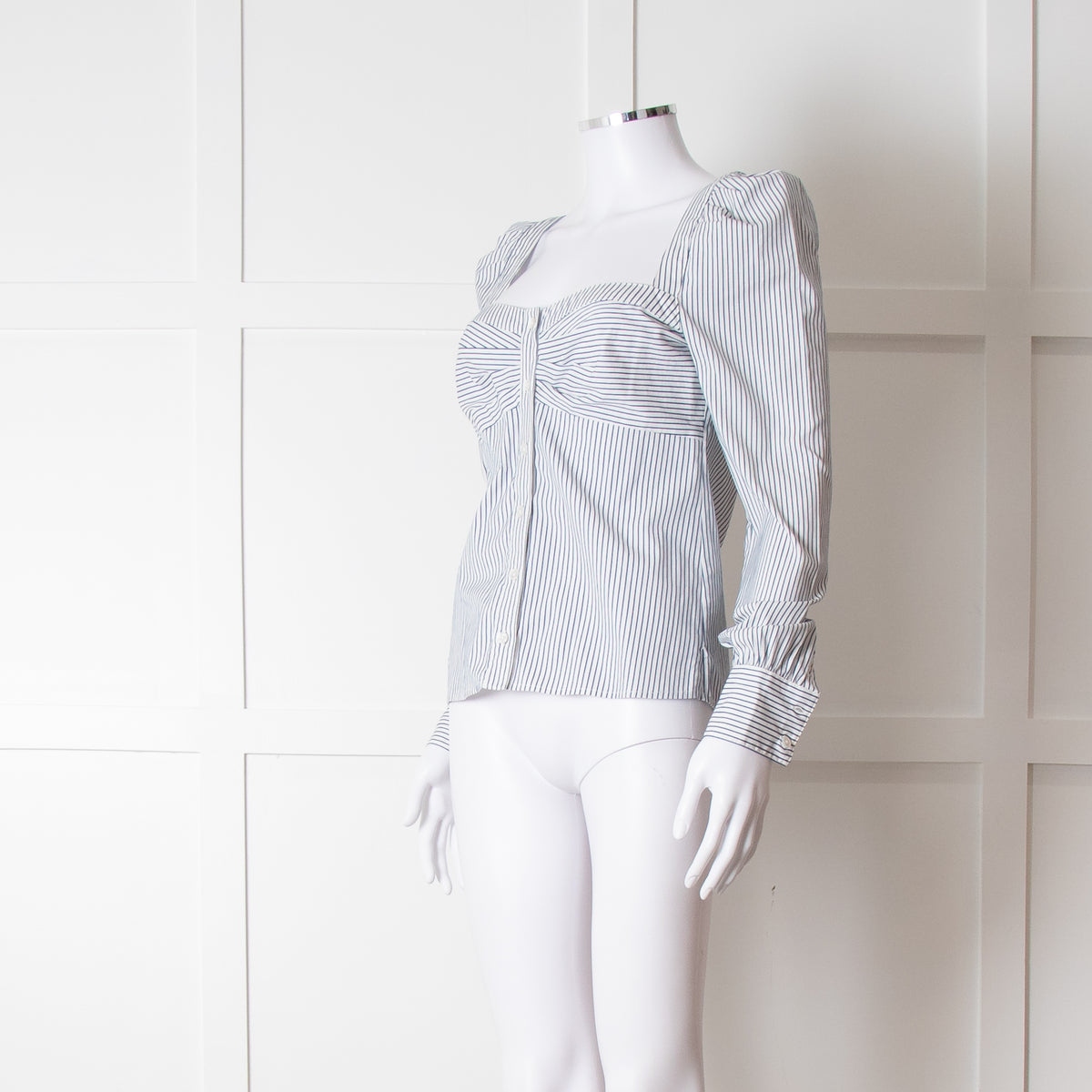 Veronica Beard White Blue Striped Open Neck Line Shirt