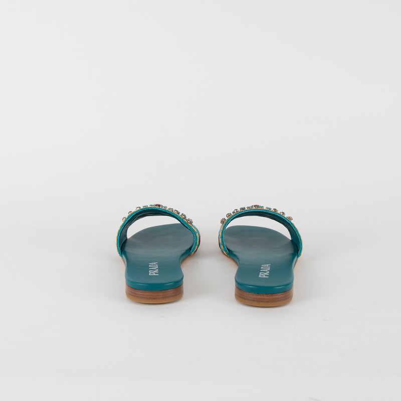 Prada Turquoise Embellished Slides