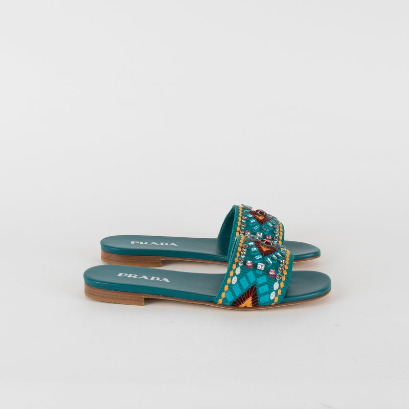 Prada Turquoise Embellished Slides