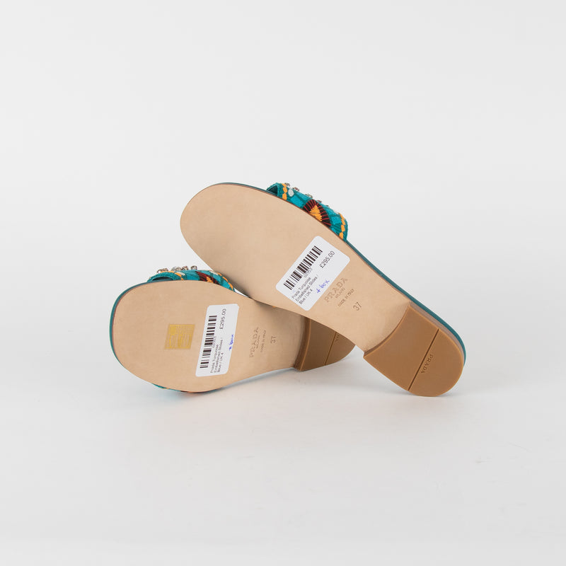 Prada Turquoise Embellished Slides