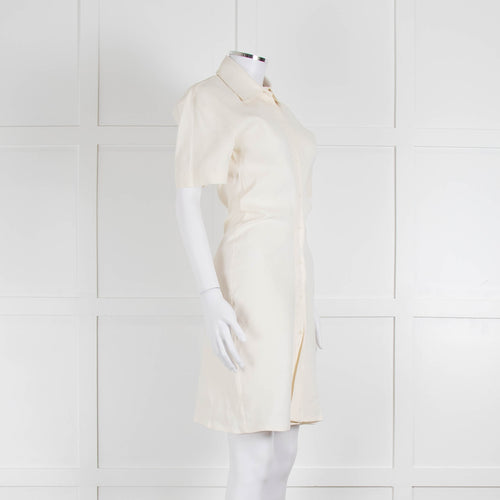 Off-White Cream Linen Blend Buttoned Up Short Sleeve Dress