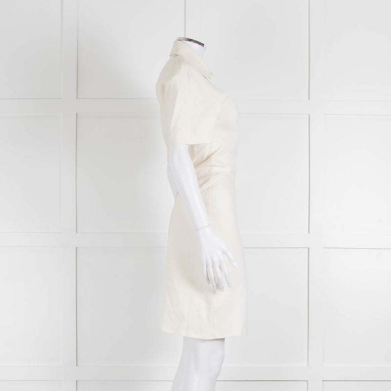 Off-White Cream Linen Blend Buttoned Up Short Sleeve Dress