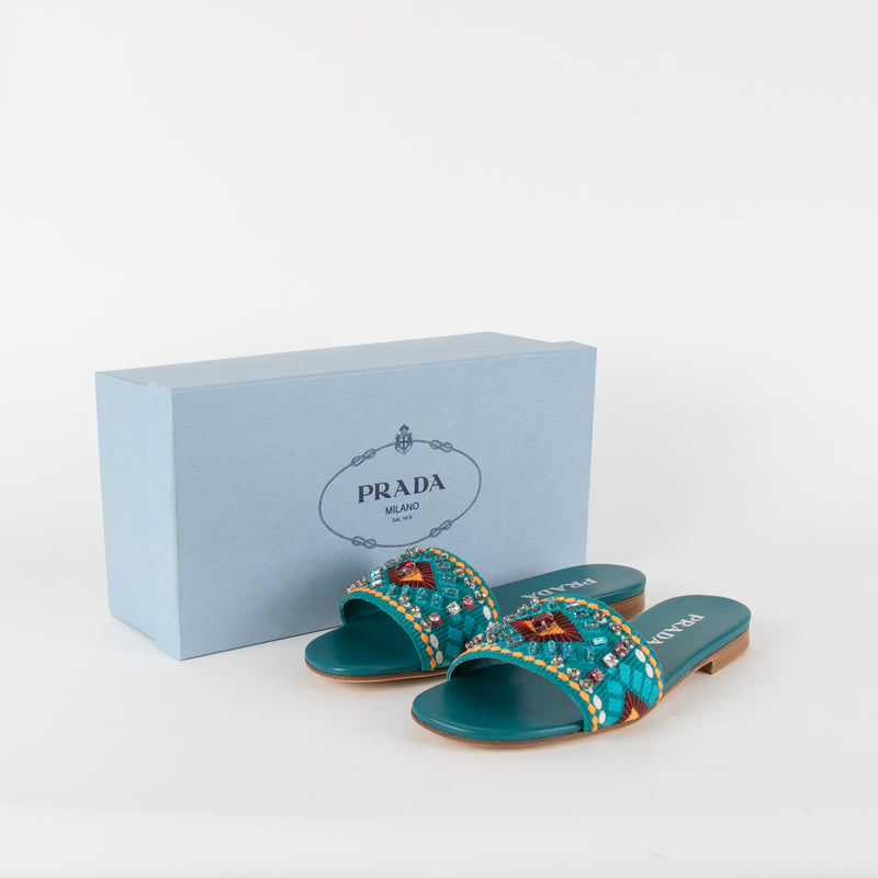 Prada Turquoise Embellished Slides