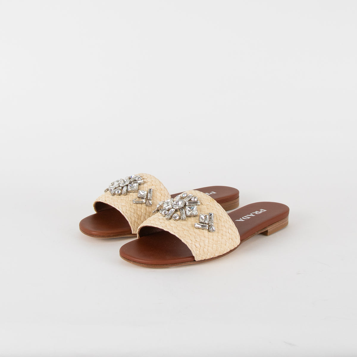 Prada Beige Crystal Embellished Raffia Slides