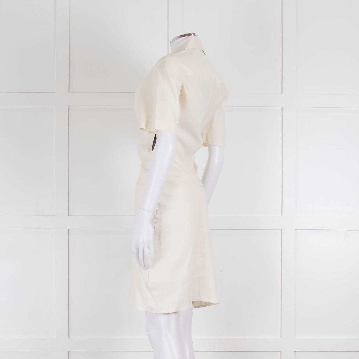 Off-White Cream Linen Blend Buttoned Up Short Sleeve Dress