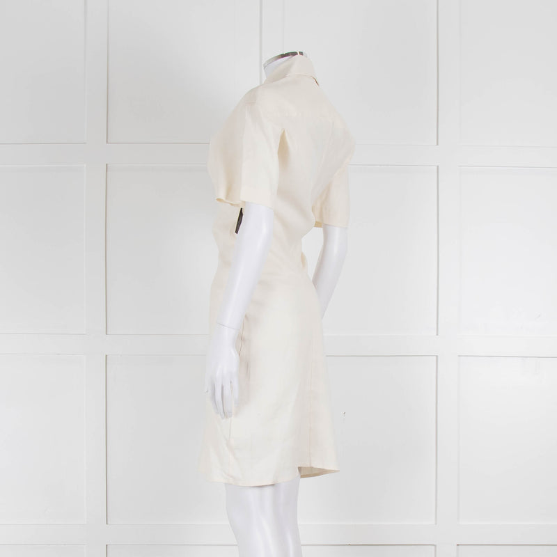 Off-White Cream Linen Blend Buttoned Up Short Sleeve Dress