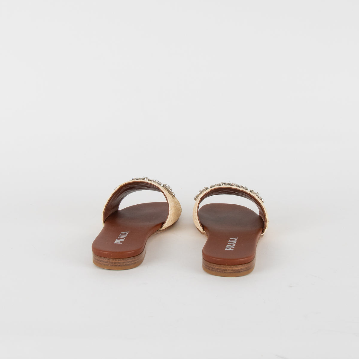 Prada Beige Crystal Embellished Raffia Slides