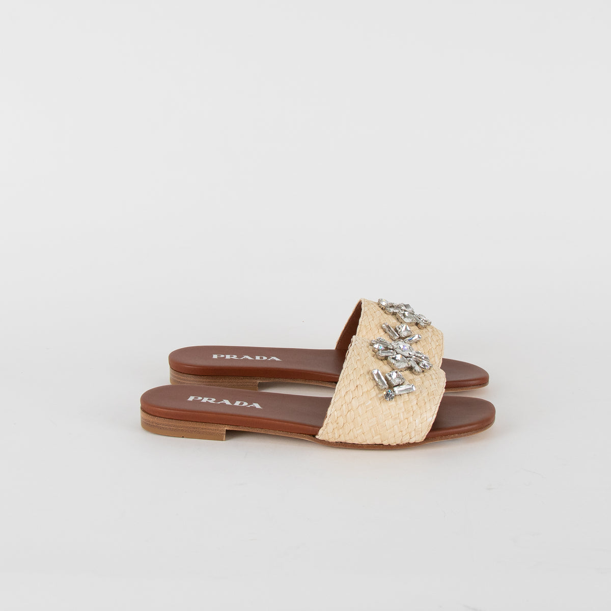 Prada Beige Crystal Embellished Raffia Slides