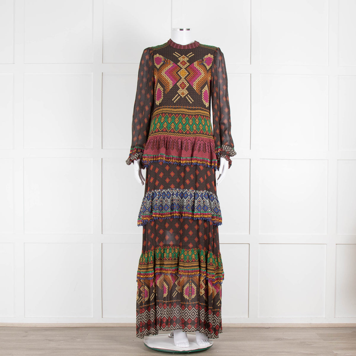 Farm Rio Brown Multi Colour Tiered Beaded Maxi Dress