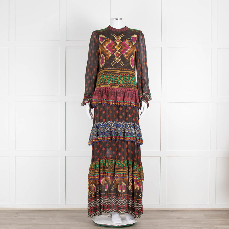 Farm Rio Brown Multi Colour Tiered Beaded Maxi Dress