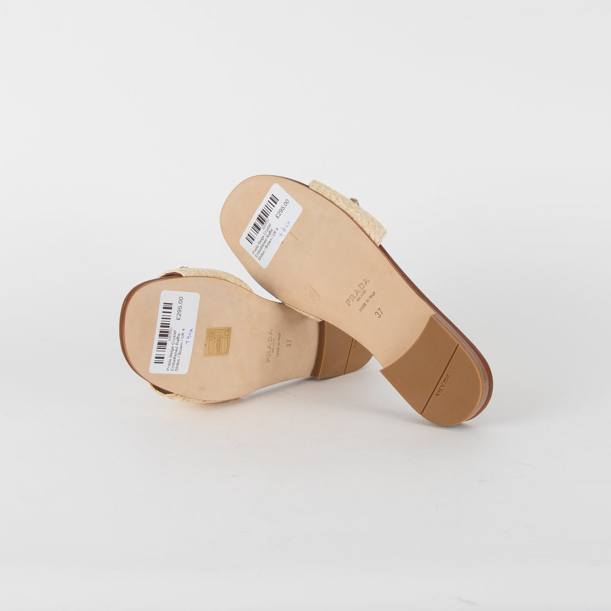Prada Beige Crystal Embellished Raffia Slides