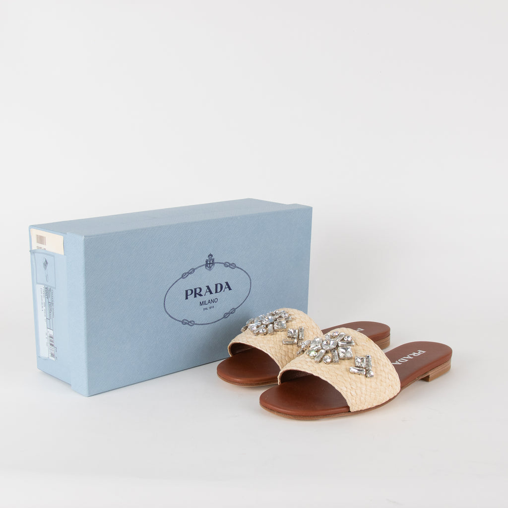 Prada Beige Crystal Embellished Raffia Slides – Phoenix Style