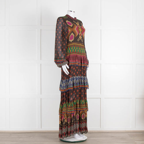 Farm Rio Brown Multi Colour Tiered Beaded Maxi Dress