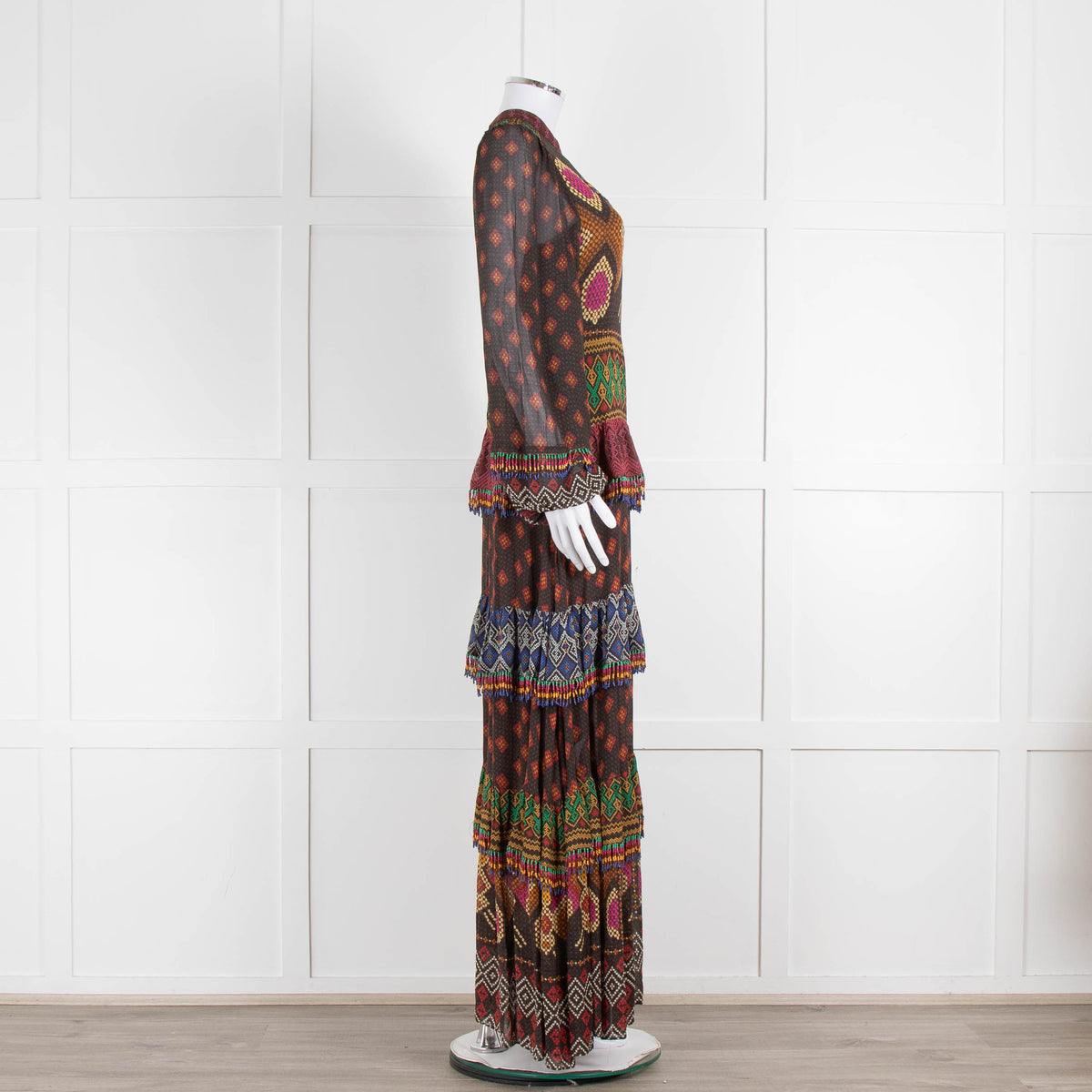 Farm Rio Brown Multi Colour Tiered Beaded Maxi Dress