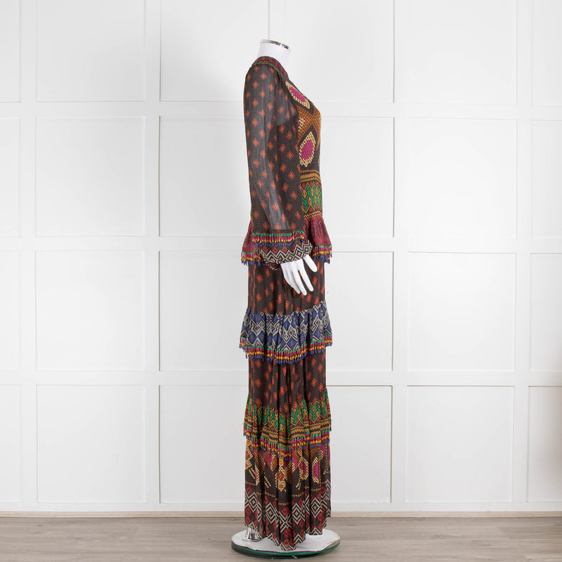 Farm Rio Brown Multi Colour Tiered Beaded Maxi Dress