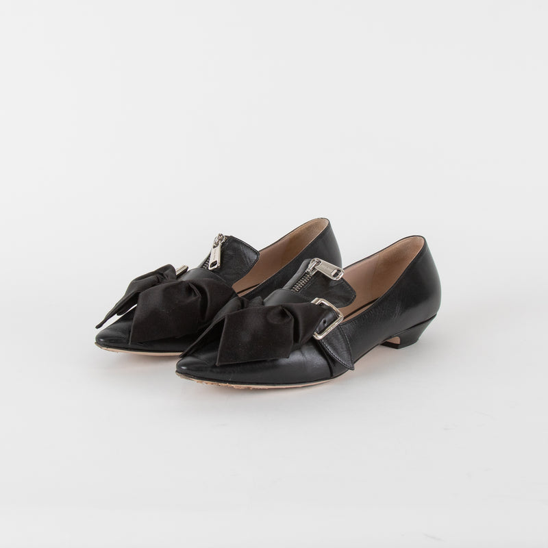 Miu Miu Black Leather Satin Bow Slip On Shoes