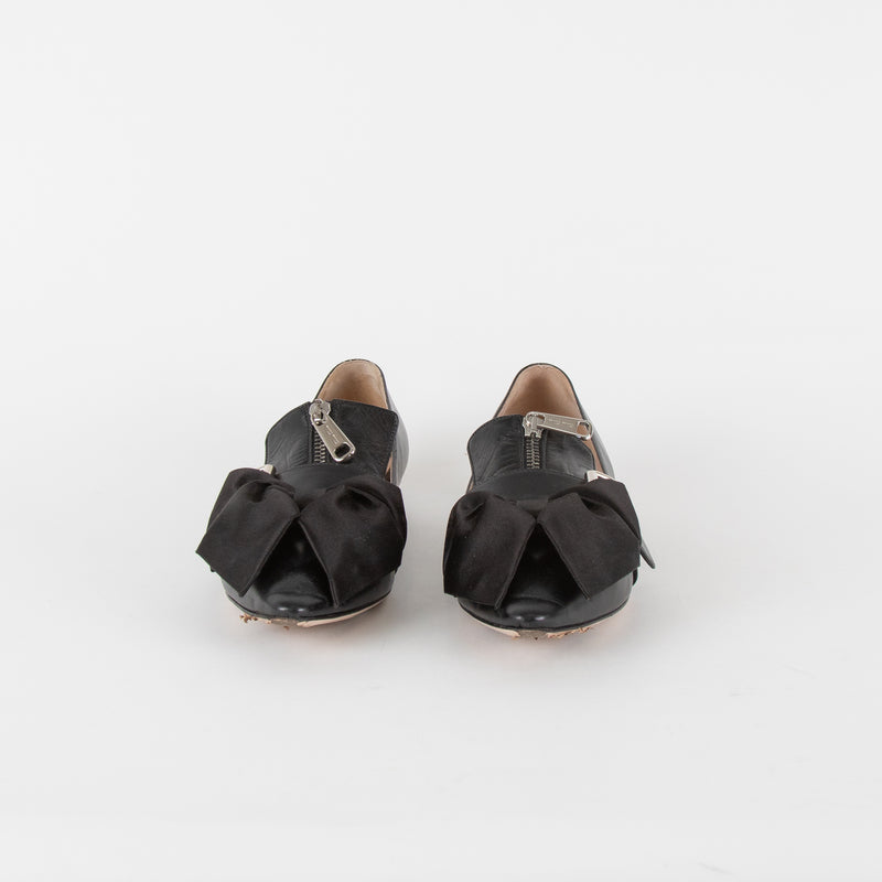 Miu Miu Black Leather Satin Bow Slip On Shoes