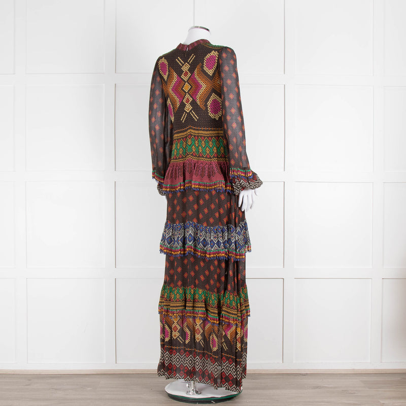 Farm Rio Brown Multi Colour Tiered Beaded Maxi Dress