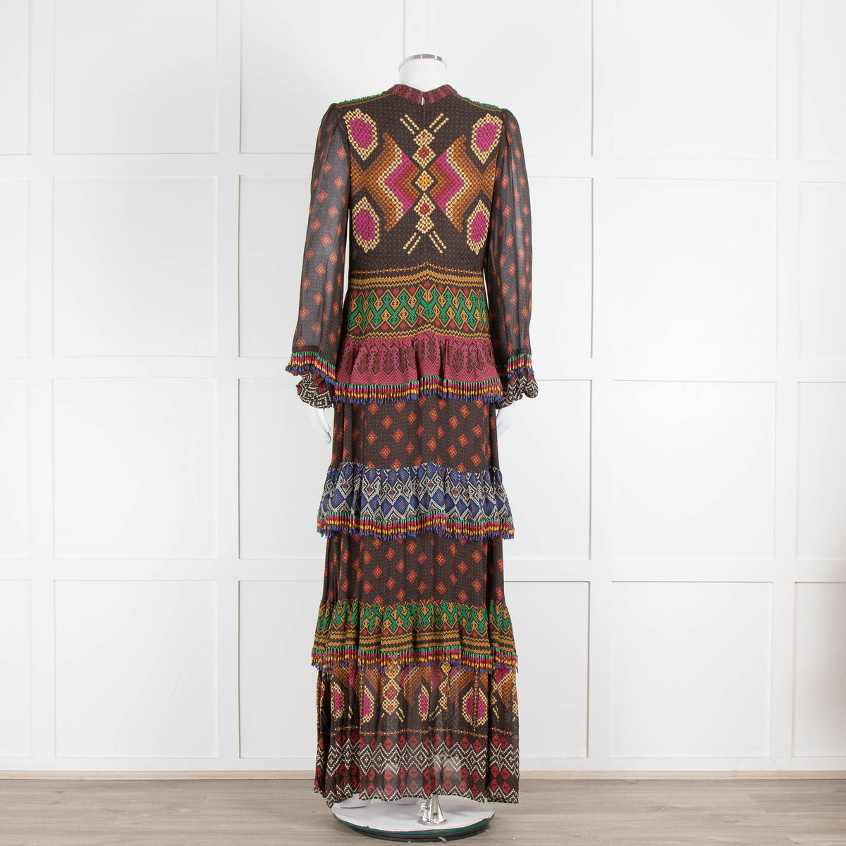 Farm Rio Brown Multi Colour Tiered Beaded Maxi Dress