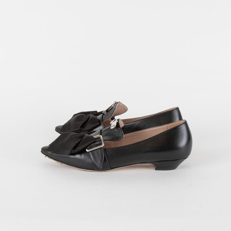 Miu Miu Black Leather Satin Bow Slip On Shoes