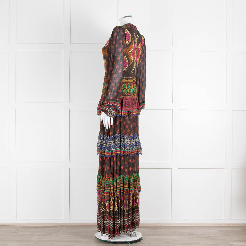 Farm Rio Brown Multi Colour Tiered Beaded Maxi Dress