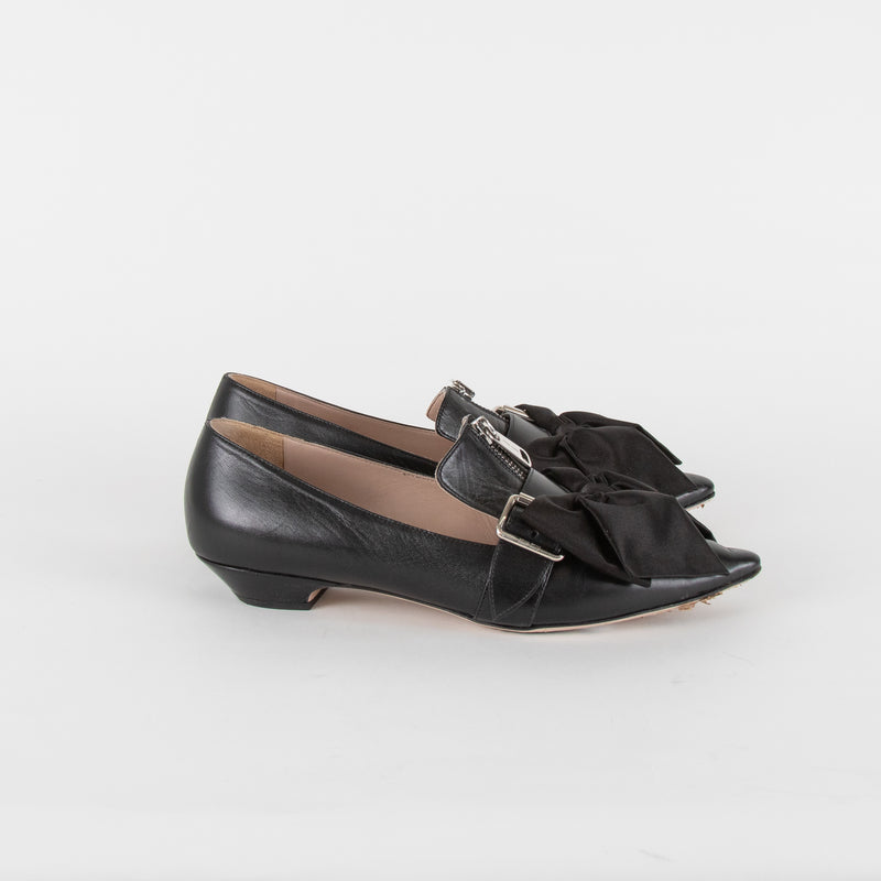 Miu Miu Black Leather Satin Bow Slip On Shoes