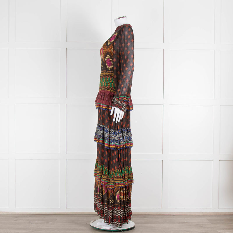 Farm Rio Brown Multi Colour Tiered Beaded Maxi Dress