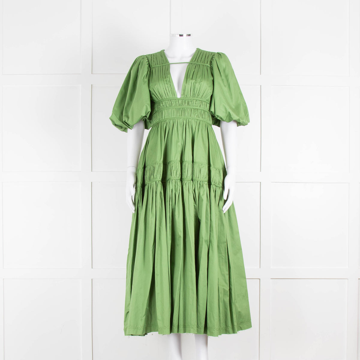 Aje Green Gathered Puff Sleeve Midi Dress